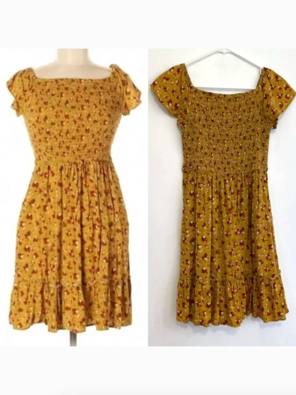 XHILARATION Short Sleeve Off the Shoulder Smocked Top Dress Mustard Gold Floral